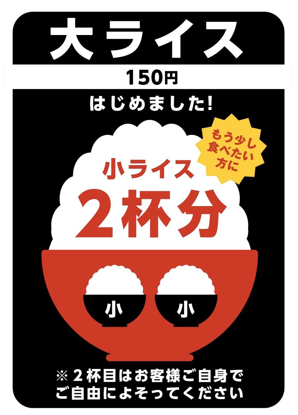 大ライス始めました ただ今美味しいななつぼしの新米ですよ♪ こんばんは らーめん麺ＧＯ家西野本店です  大ライスは小ライス2杯分！なんですが... [らーめん・麺GO家（めんごや） 西野店【Twitter】]