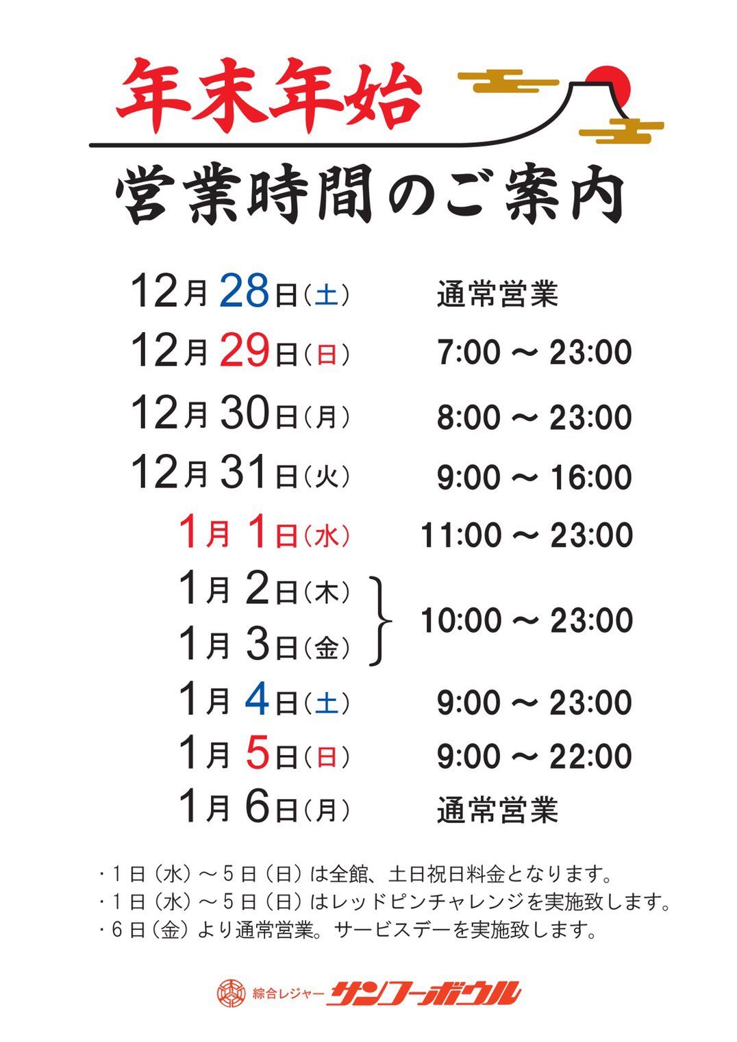 皆さんおはようございます(´Ｑ`)。oO 今年もあとわずかですね サンコーボウル年末年始の営業時間をお知らせします 1月1日〜5日までは、サ... [綜合レジャー サンコーボウル【Twitter】]