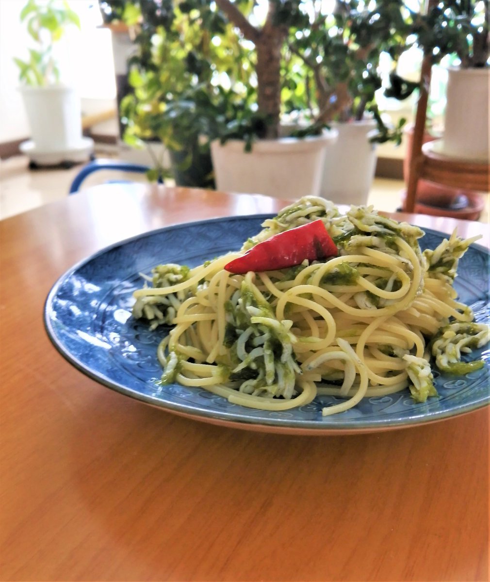 釜揚げしらすとあおさ海苔のパスタ作りました。がごめ昆布茶入りで和風な仕上がり。 [光海藻【Twitter】]