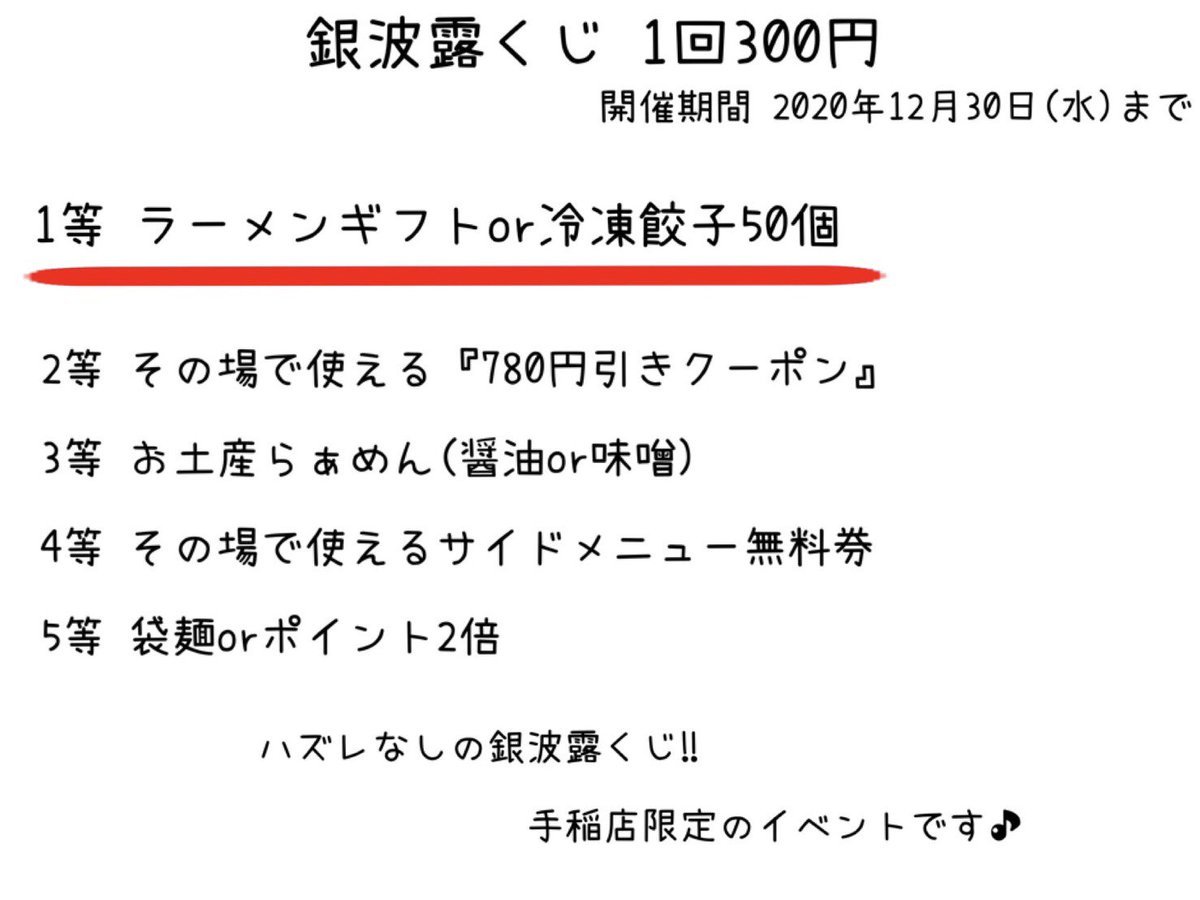 おはようございます☀️手稲店限定の銀波露くじ、ご好評をいただいております🤗ハズレ無しの選べるくじです✌🏻12月30日まで！！！本... [らぁめん銀波露 札幌手稲店【Twitter】]