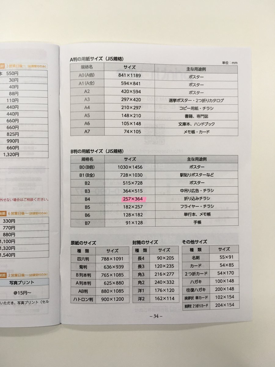 当店のサービスリストに載せている用紙サイズ表です。けっこう便利です。入社当時、先輩がB4サイズの覚え方を教えてくれました。昔「... [プリントハウス【Twitter】]