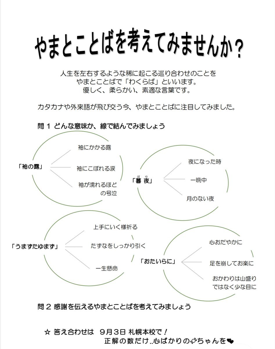 【秋の勉強会情報①9月3日(土)札幌本校】やまとことばを考えてみませんか？古くは中国大陸から入った外来語に対し更にさかのぼる日... [小林豊子きもの学院【Twitter】]