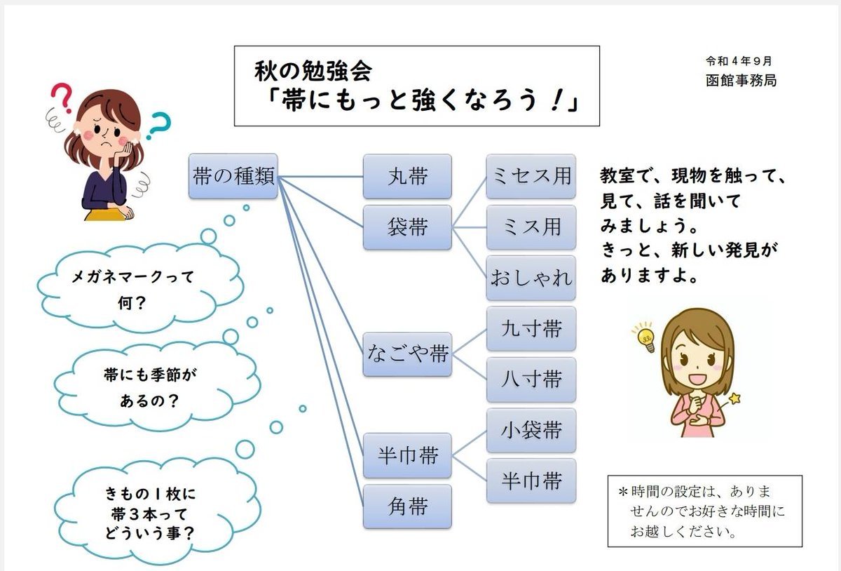 【秋の勉強会情報⑩9月10日(土)福島町福祉センター】帯にもっと強くなろう！教室で帯のアレコレ習ったから大丈夫と思ってたけど実際... [小林豊子きもの学院【Twitter】]