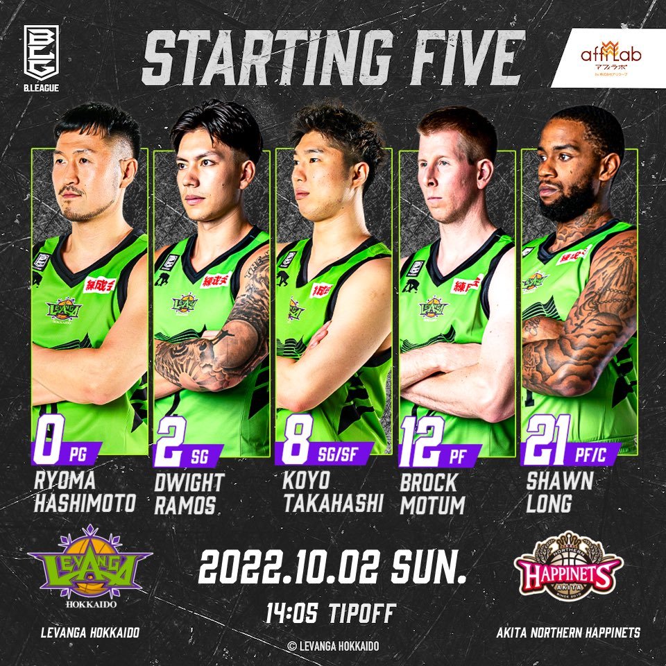 Today's Starting50 #橋本竜馬2 #ドワイト・ラモス8 #高橋耕陽12 #ブロック・モータム21 #ショーン・ロングTod... [レバンガ北海道【Twitter】]