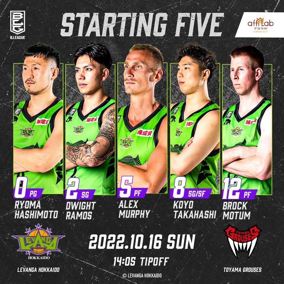 Today's Starting50 #橋本竜馬2 #ドワイト・ラモス5 #アレックス・マーフィー8 #高橋耕陽12 #ブロック・モータムT... [レバンガ北海道【Twitter】]