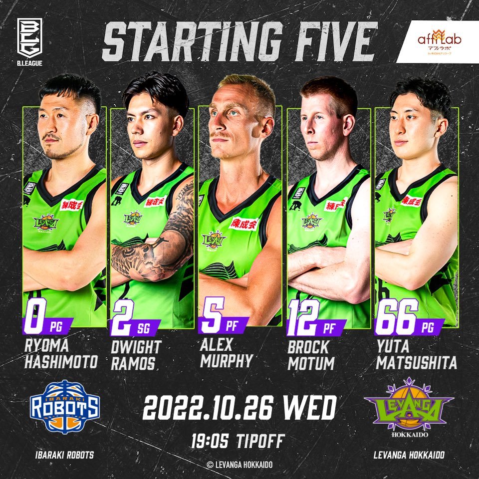 Today's Starting50 #橋本竜馬2 #ドワイト・ラモス5 #アレックス・マーフィー12 #ブロック・モータム66 #松下裕汰... [レバンガ北海道【Twitter】]