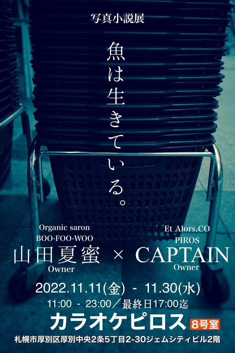 写真小説展「魚は生きている。」ポスター掲示場所一覧・札幌東商業高校・札幌白石高校・札幌学院大学・FMドラマシティ・鷄笑... [カラオケピロス【Twitter】]