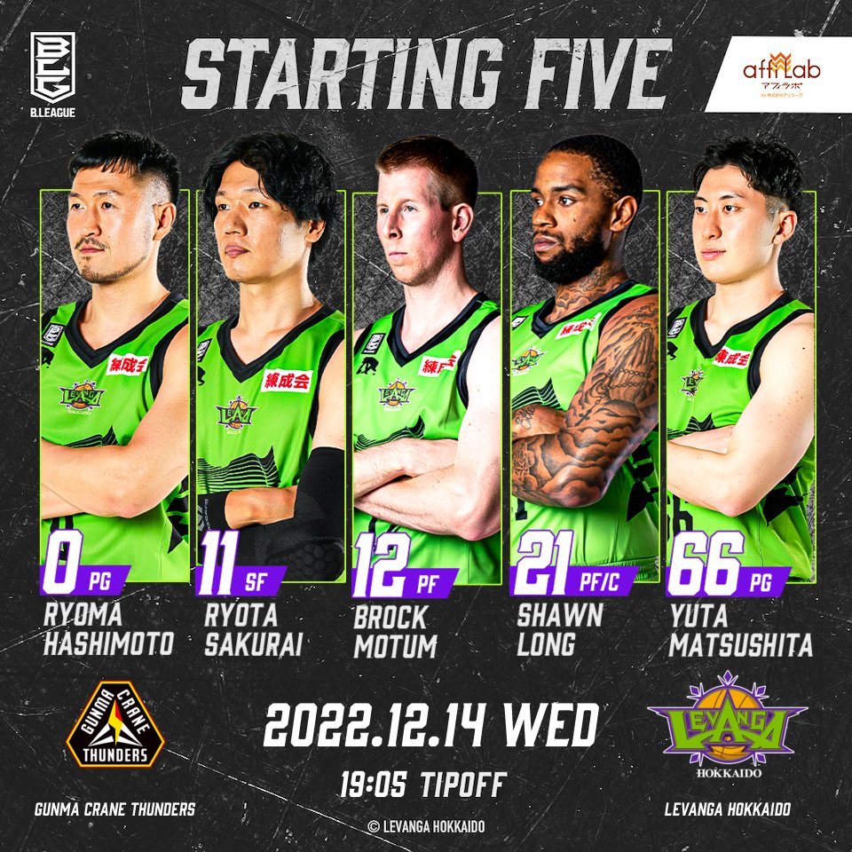 Today's Starting50 #橋本竜馬11 #桜井良太12 #ブロック・モータム21 #ショーン・ロング66 #松下裕汰Today... [レバンガ北海道【Twitter】]