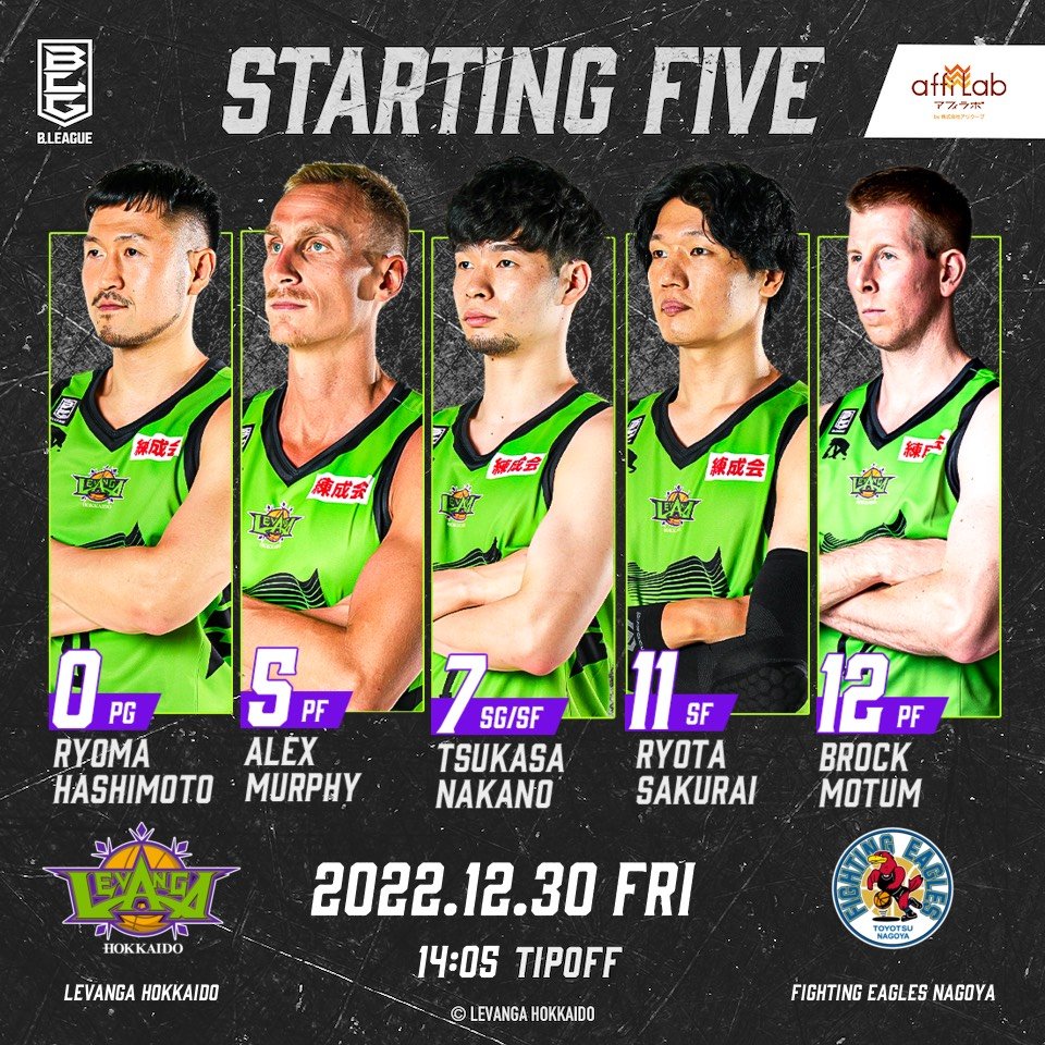 Today's Starting50 #橋本竜馬5 #アレックス・マーフィー7 #中野司11 #桜井良太12 #ブロック・モータムToday... [レバンガ北海道【Twitter】]