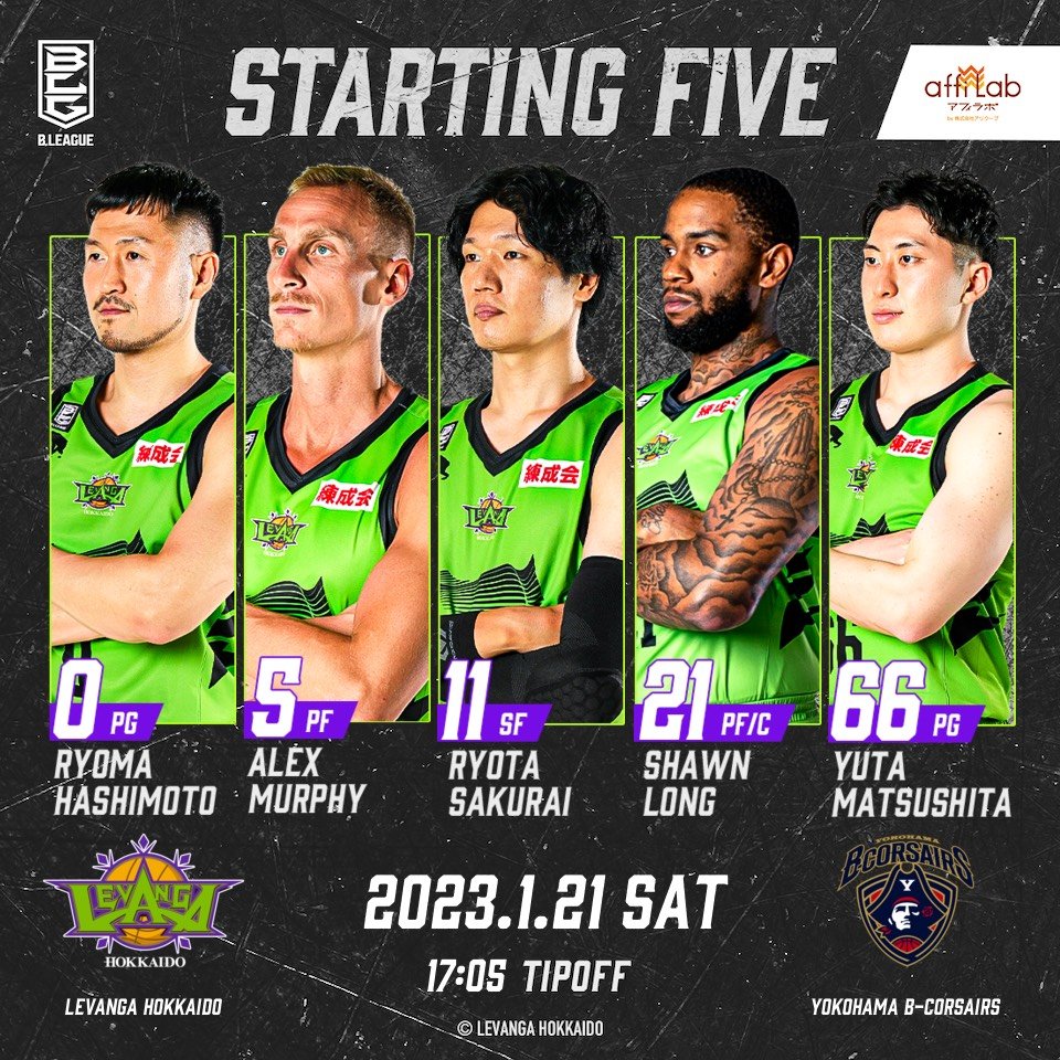 Today's Starting50 #橋本竜馬5 #アレックス・マーフィー11 #桜井良太21 #ショーン・ロング66 #松下裕汰Toda... [レバンガ北海道【Twitter】]