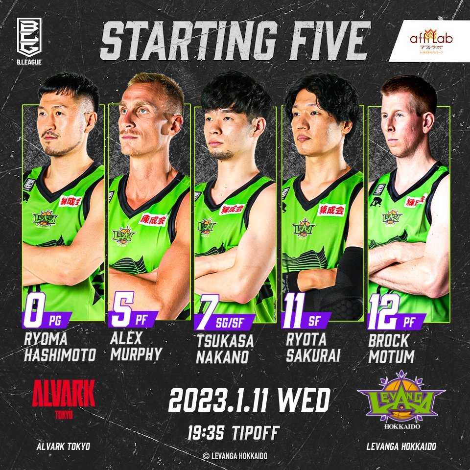 Today's Starting50 #橋本竜馬5 #アレックス・マーフィー7 #中野司11 #桜井良太12 #ブロック・モータムToday... [レバンガ北海道【Twitter】]