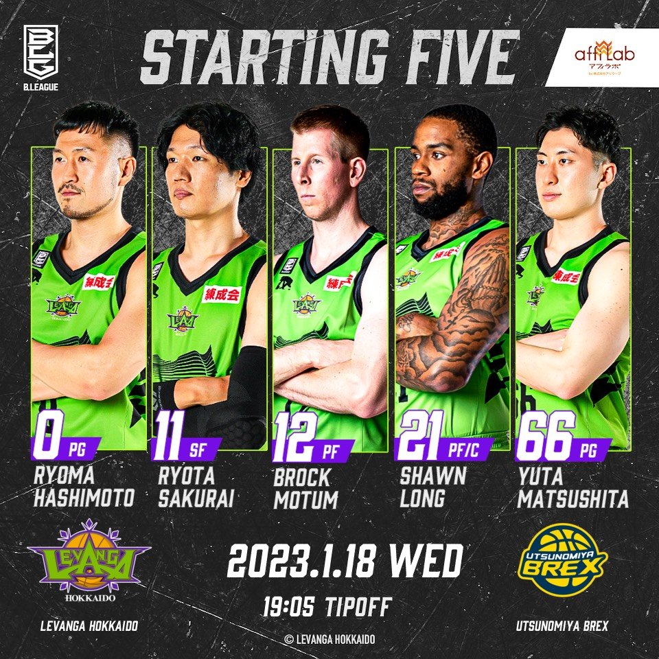 Today's Starting50 #橋本竜馬11 #桜井良太12 #ブロック・モータム21 #ショーン・ロング66 #松下裕汰Today... [レバンガ北海道【Twitter】]