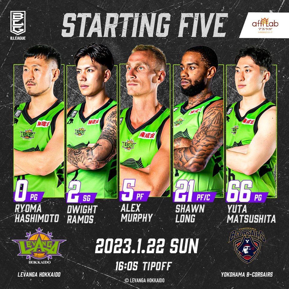 Today's Starting50 #橋本竜馬2 #ドワイト・ラモス5 #アレックス・マーフィー21 #ショーン・ロング66 #松下裕汰T... [レバンガ北海道【Twitter】]